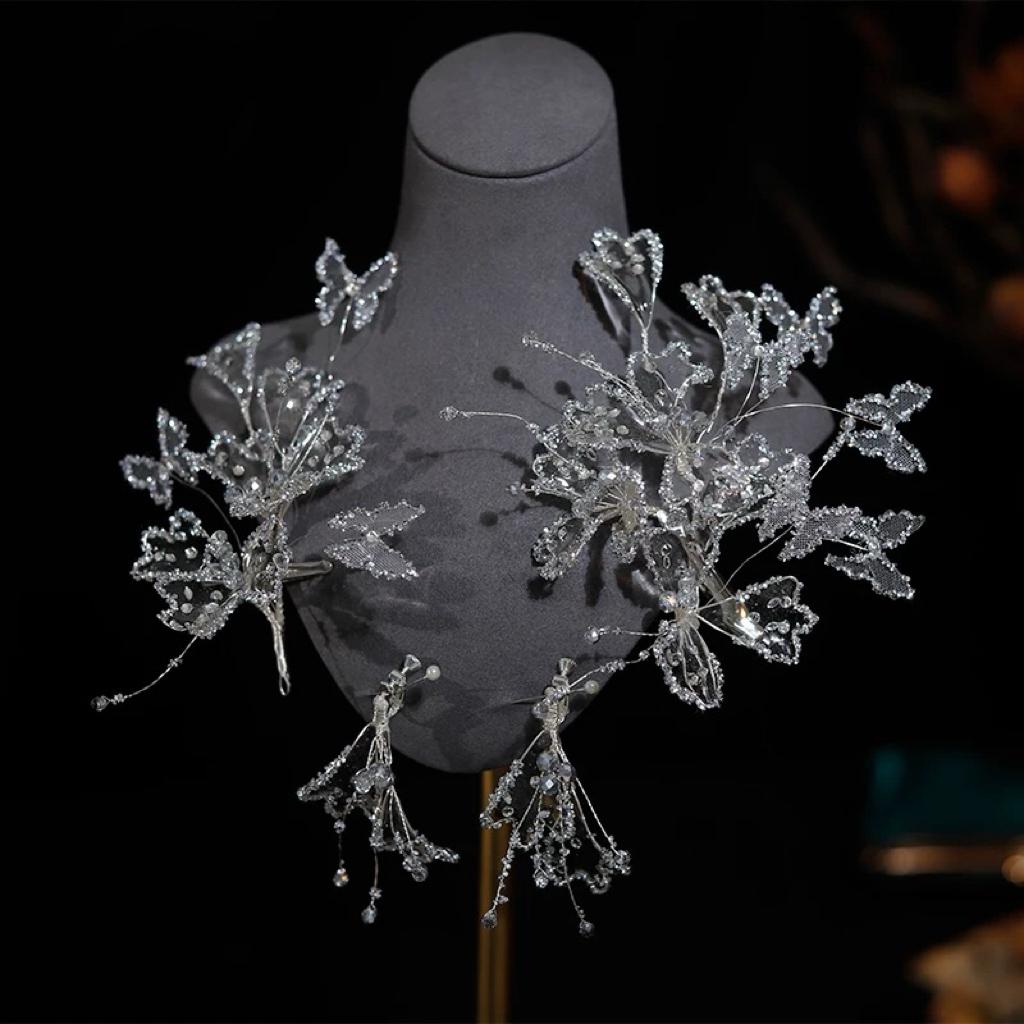 S369新娘头饰新款高端蝴蝶发夹超仙婚纱头饰高级主纱结婚礼服头饰