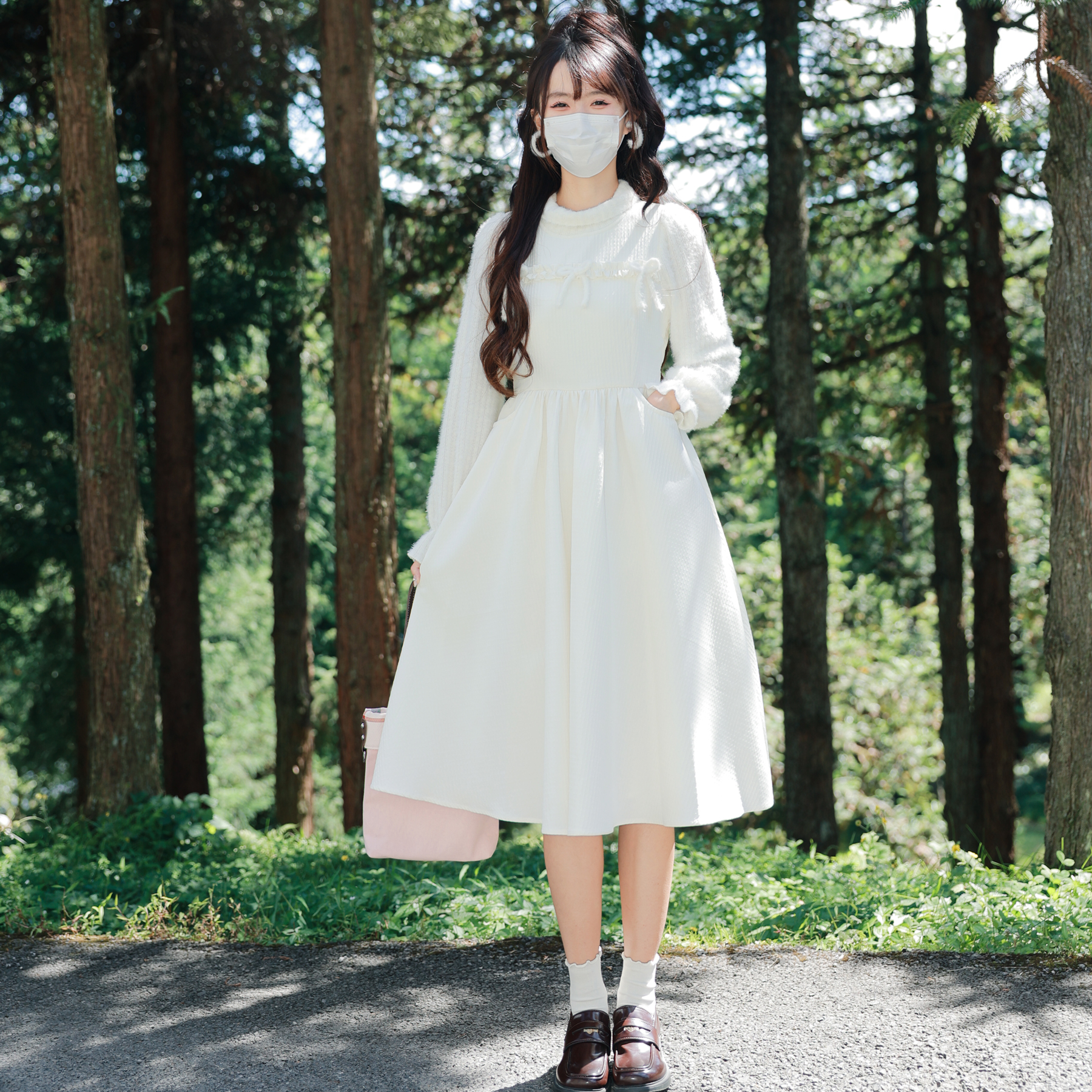 花崎鹿原创白昼海洋连衣裙白色长袖秋冬内搭裙温柔仙气小众长款新