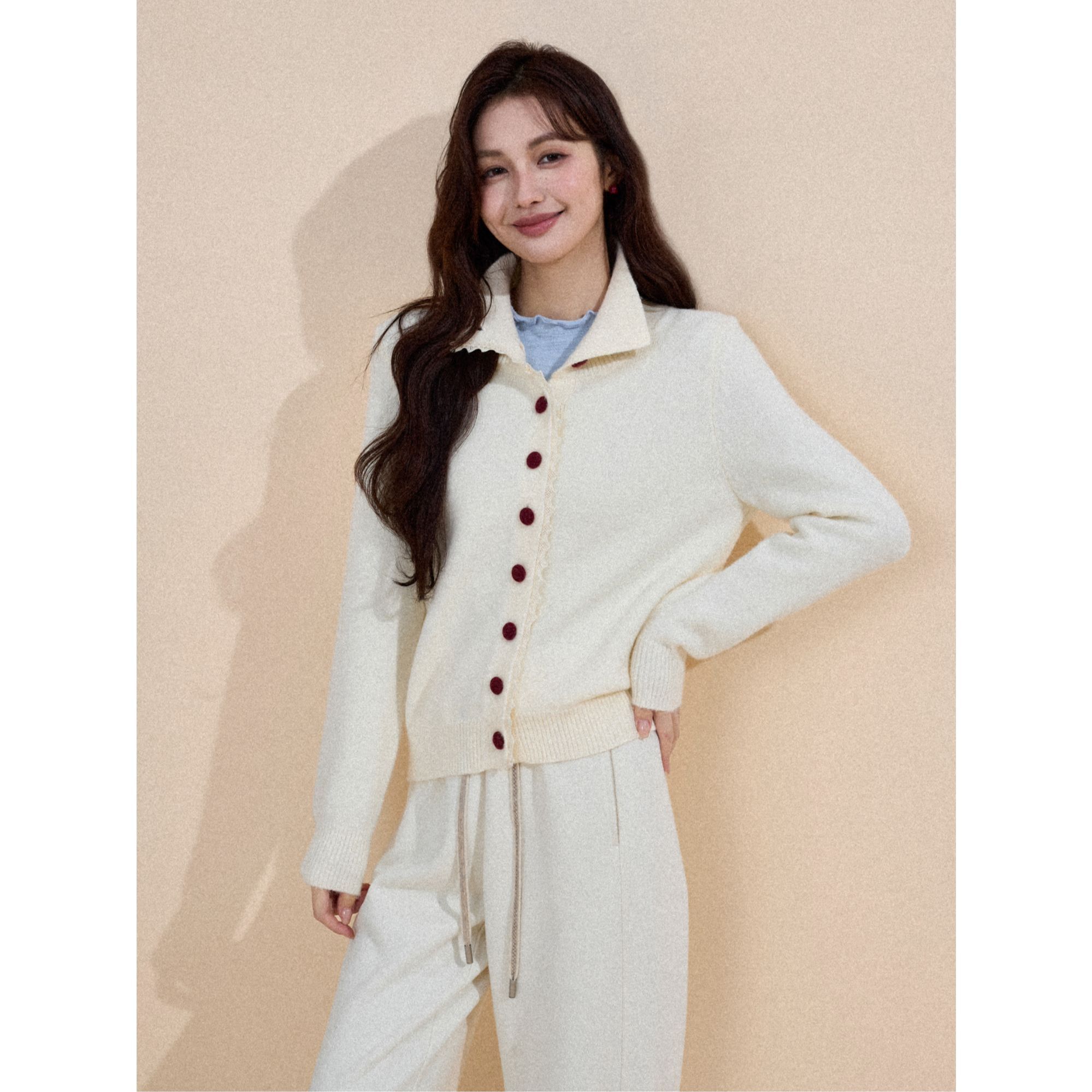 【年终狂欢季】茵曼25冬保暖蕾丝拼接开衫纯色百搭外套氛围感服饰