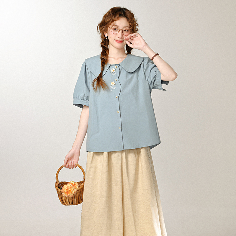 三寸藕【三寸藕一】夏季小清新可爱蓝色短袖衬衫宽松小衫上衣951