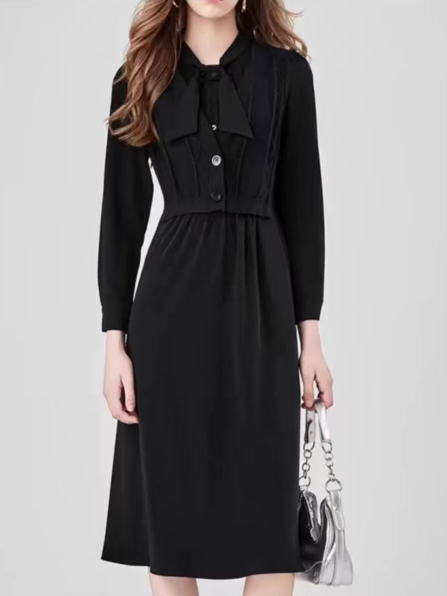 F107  YK时尚气质圆领气质针织拼接中长裙子