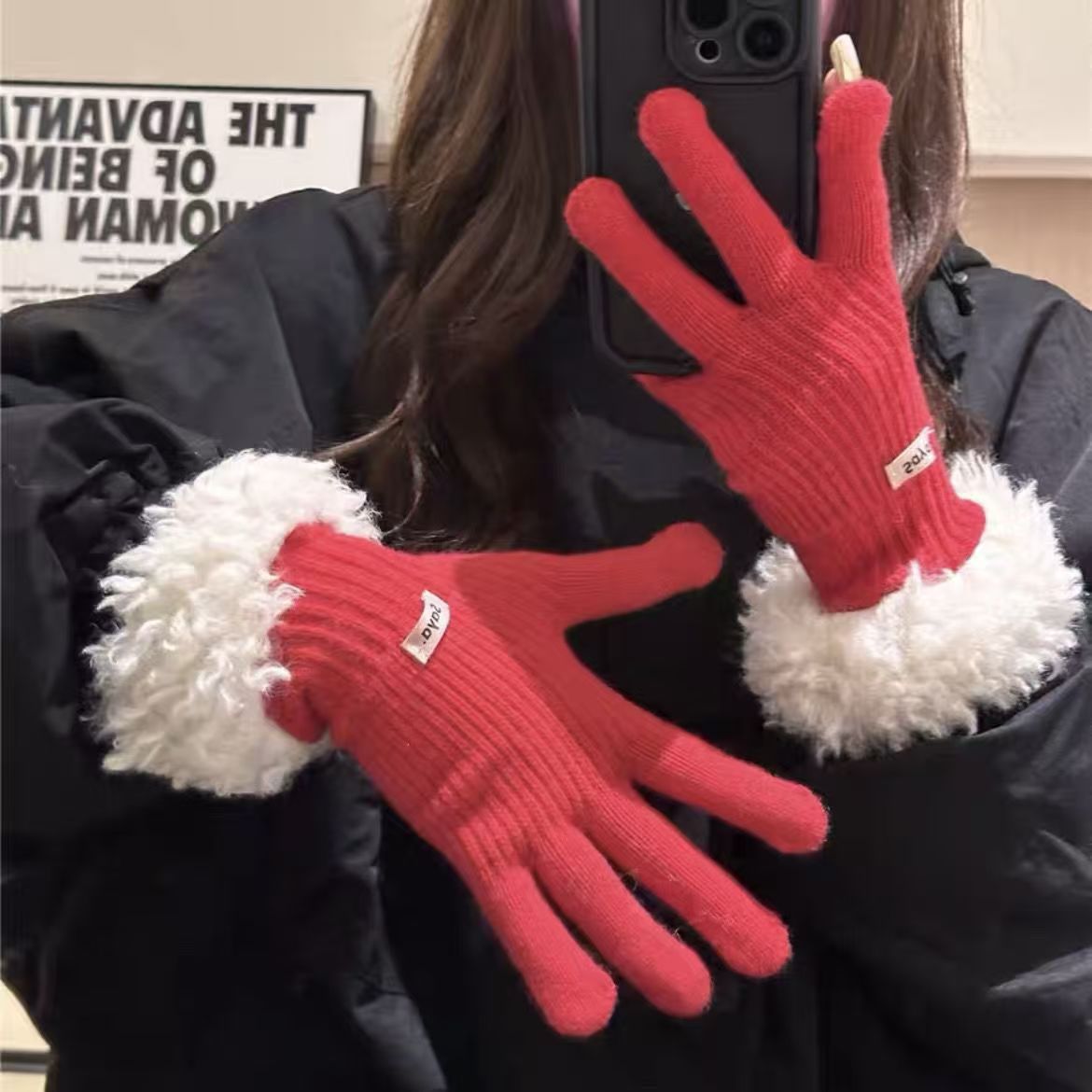 冬季白色毛茸茸露女士手套少女风百搭加绒简约学生毛绒ins韩版