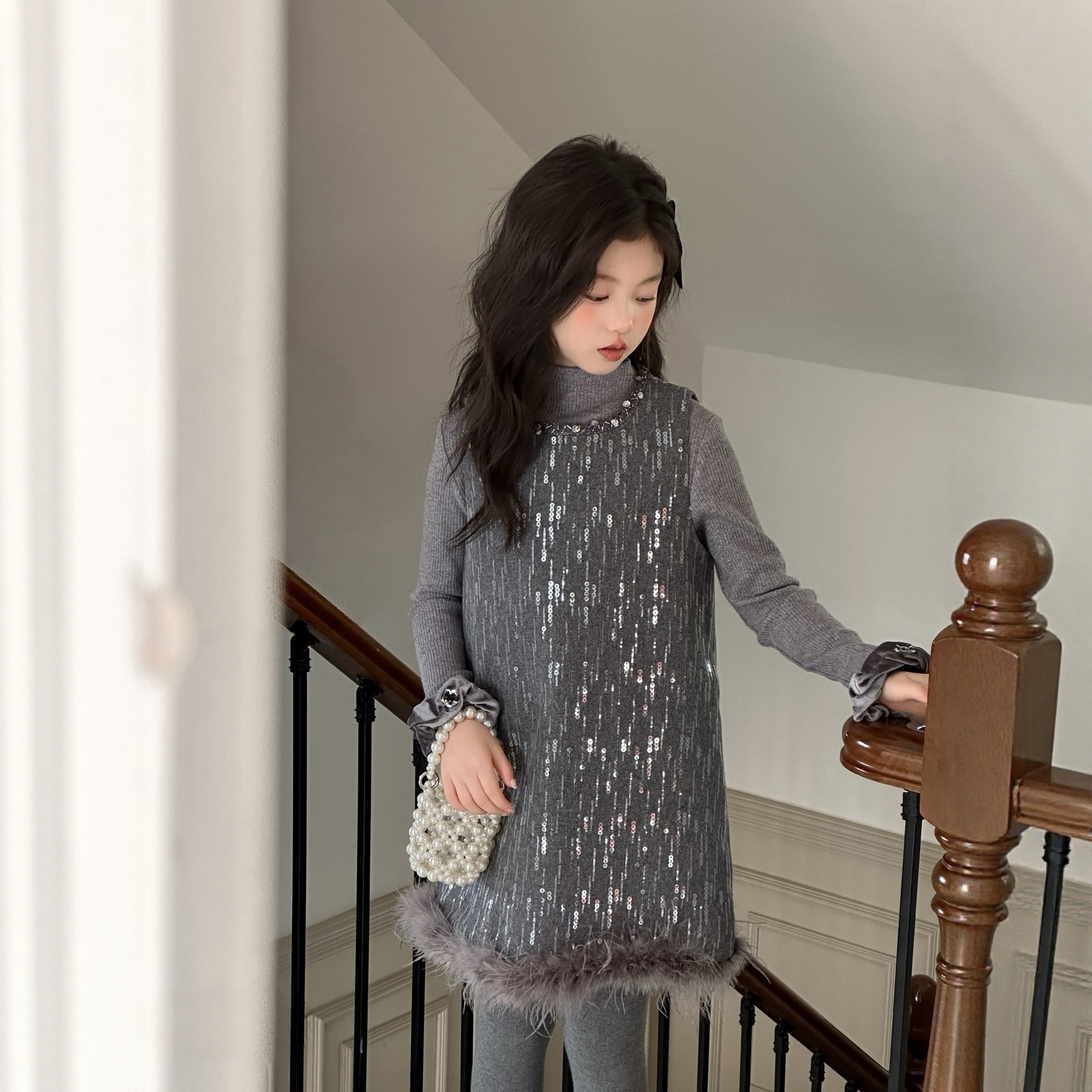 女童套装拜年服冬装2025新款儿童加绒旗袍新中式女大童裙子2件套