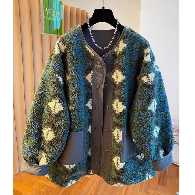 两面穿羊羔毛绒外套女2025秋冬复古印花慵懒风圆领宽松大码中长款