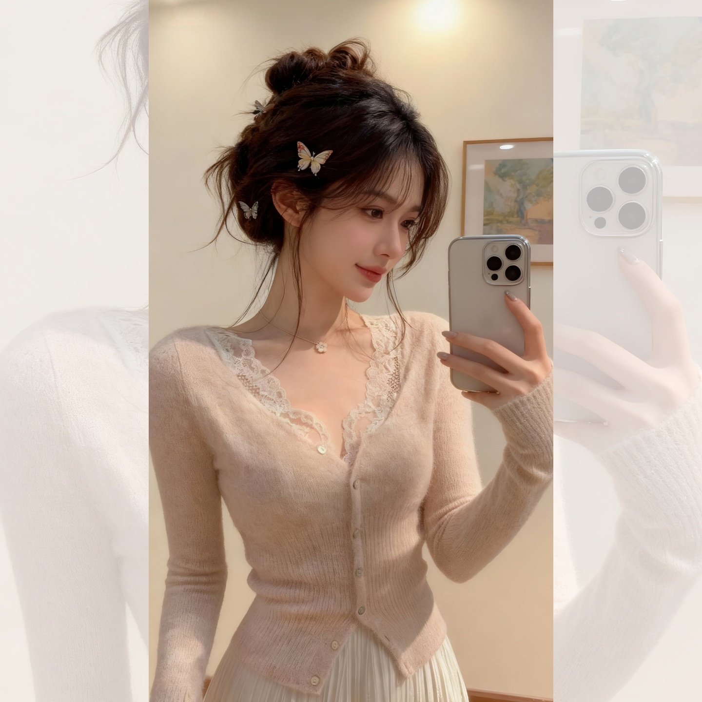 韩系小香风蕾丝针织打底衫女V领内搭秋冬纯欲修身毛衣温柔短上衣