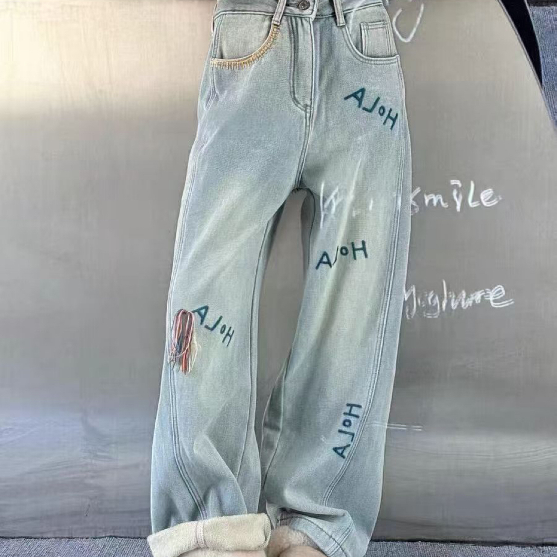 个性撞色字母刺绣加绒牛仔直筒长裤女秋冬保暖新款