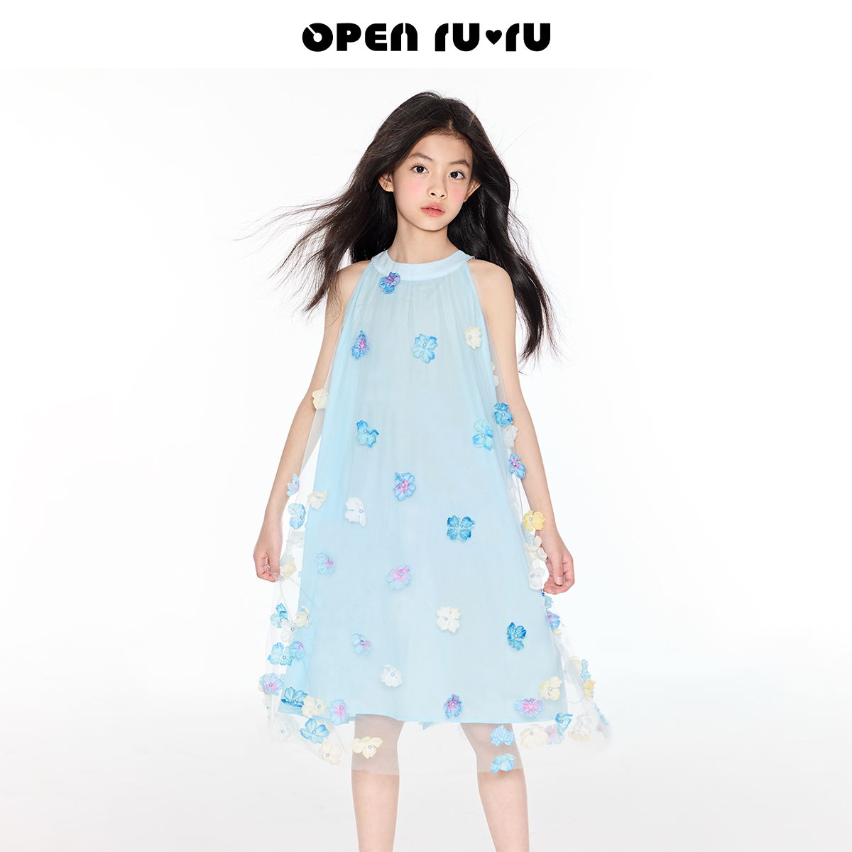 Opennunu女童立体花朵挂脖无袖长裙夏季网纱氛围感公主裙连衣裙
