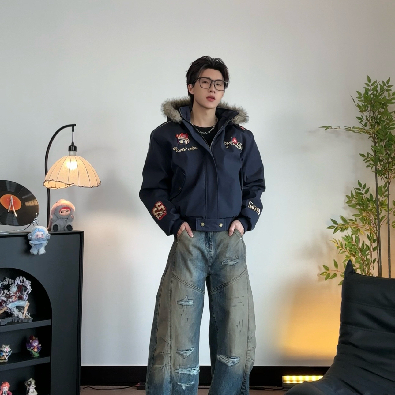 KUKU  美式复古勋章刺绣座山雕棉服保暖时尚冬季"可拆卸毛领"棉衣