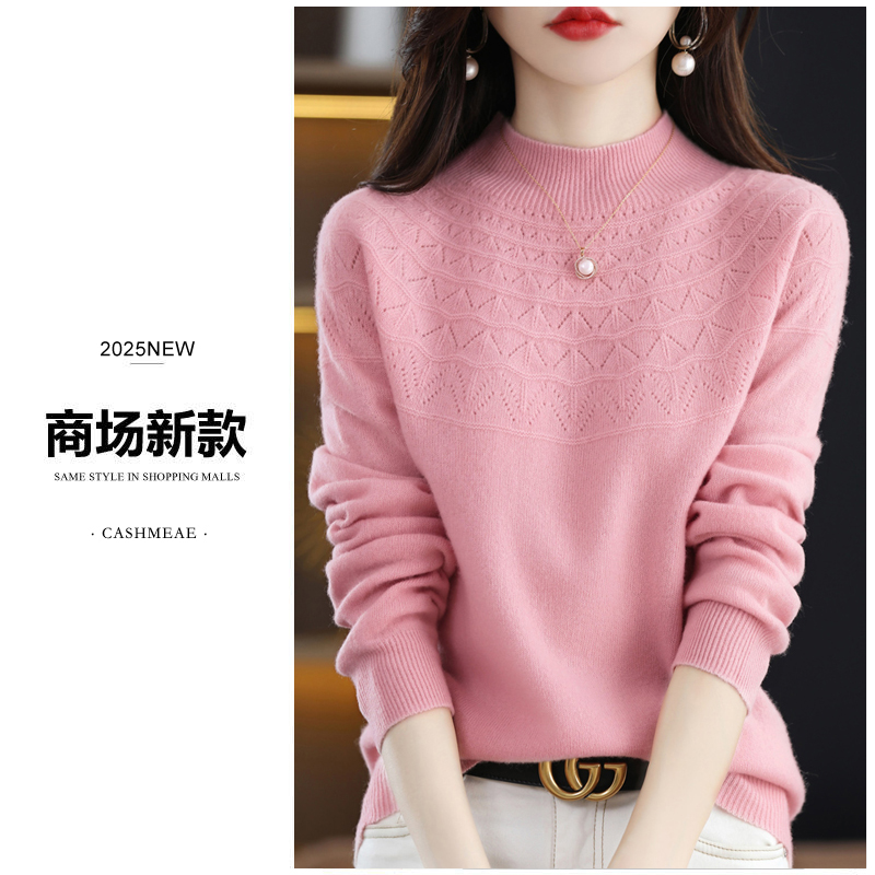 【商场同款】一线成衣 半高领镂空100%羊毛衫女毛衣针织打底衫W121