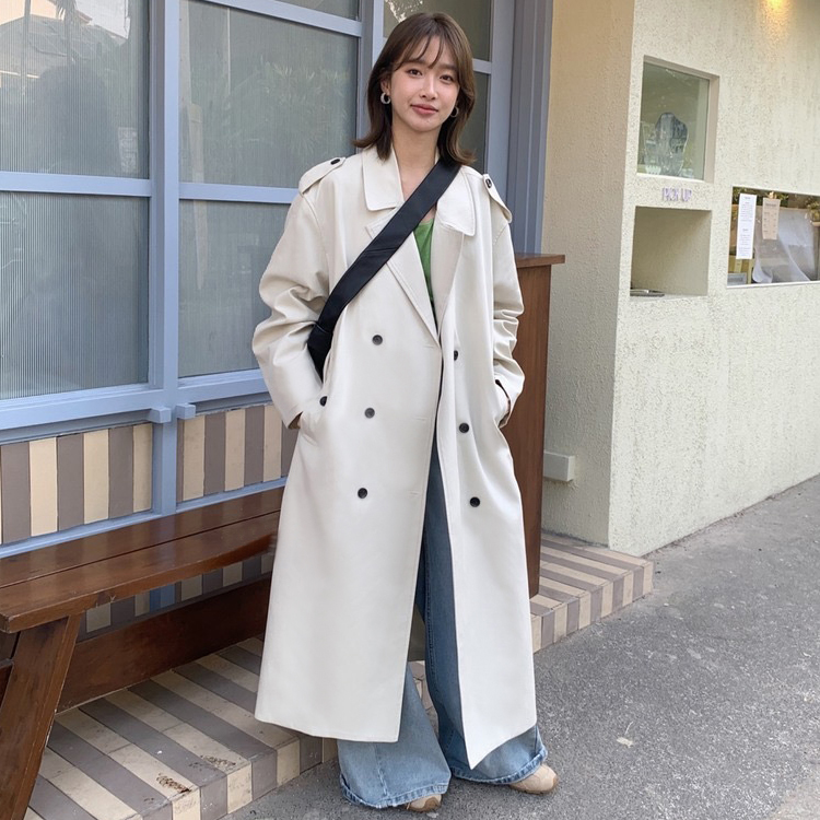 【25001】韩系日系双排扣中长款风衣外套女