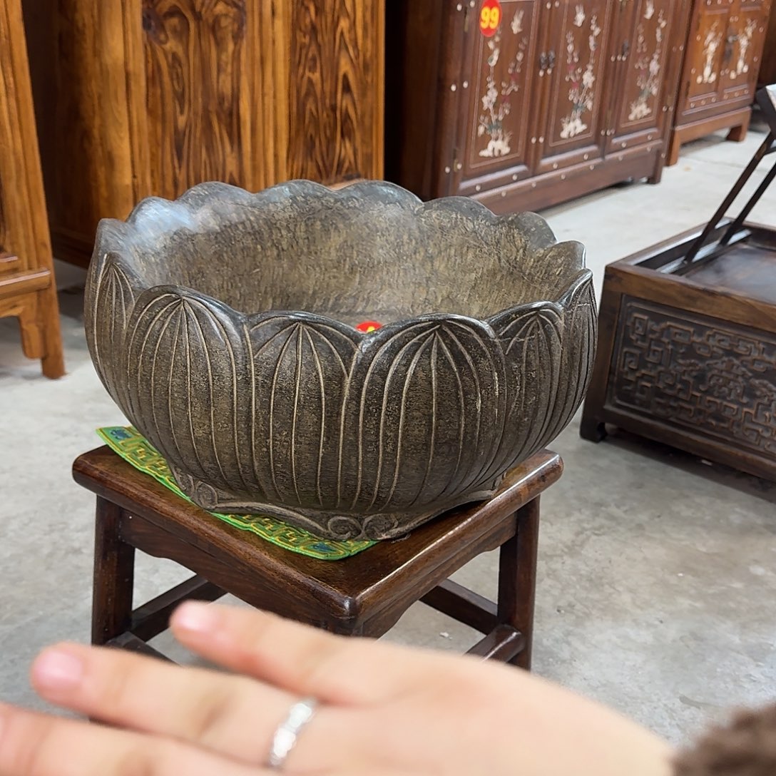 简***石材复古装饰摆件莲花石盆38/19厘米