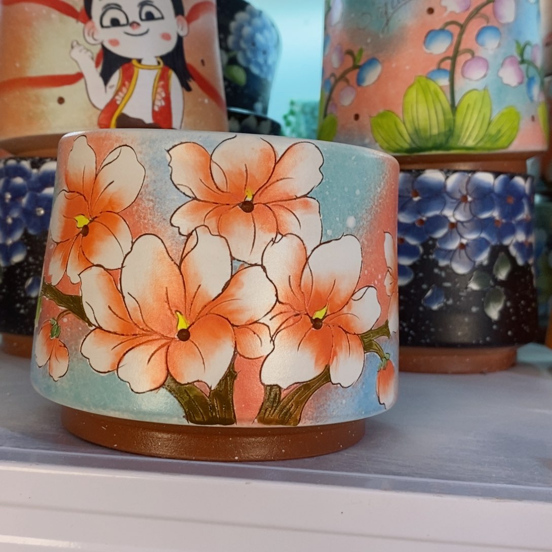 紫砂花盆红陶手绘花盆