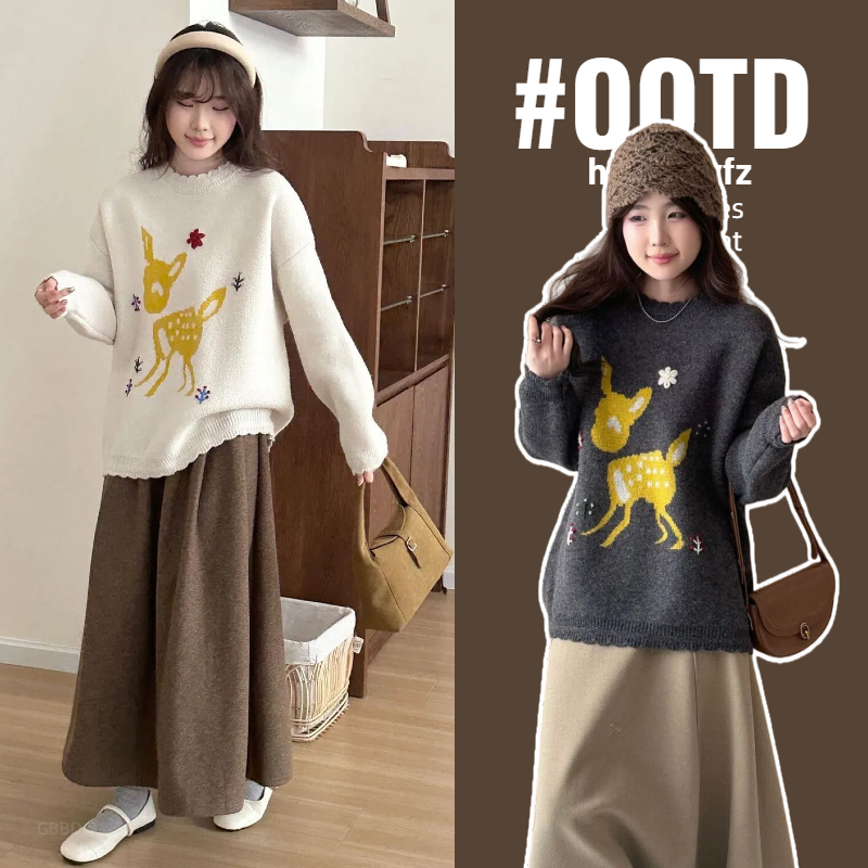 孕妇加厚圆领毛衣2025秋冬季新款卡通时尚针织衫冬季长袖洋气外套
