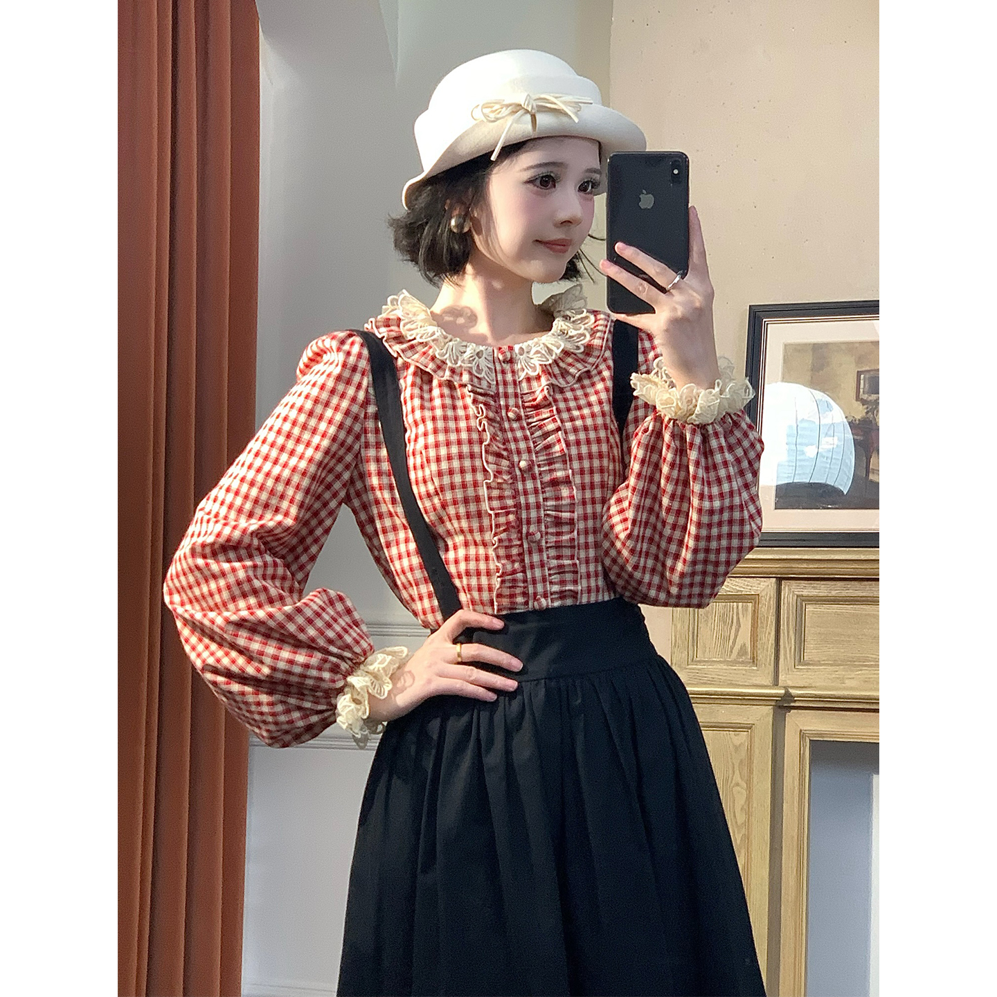 法式娃娃领长袖衬衫女秋季格子百搭上衣07367