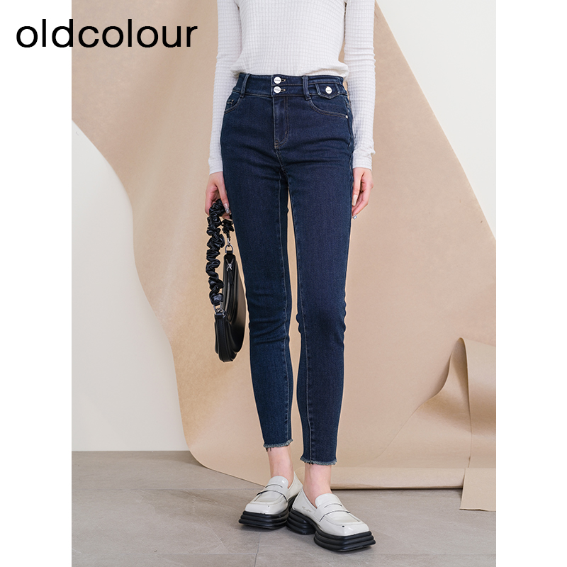 oldcolour欧珂冬季新款高腰修身直筒水洗牛仔长裤女P441103A1
