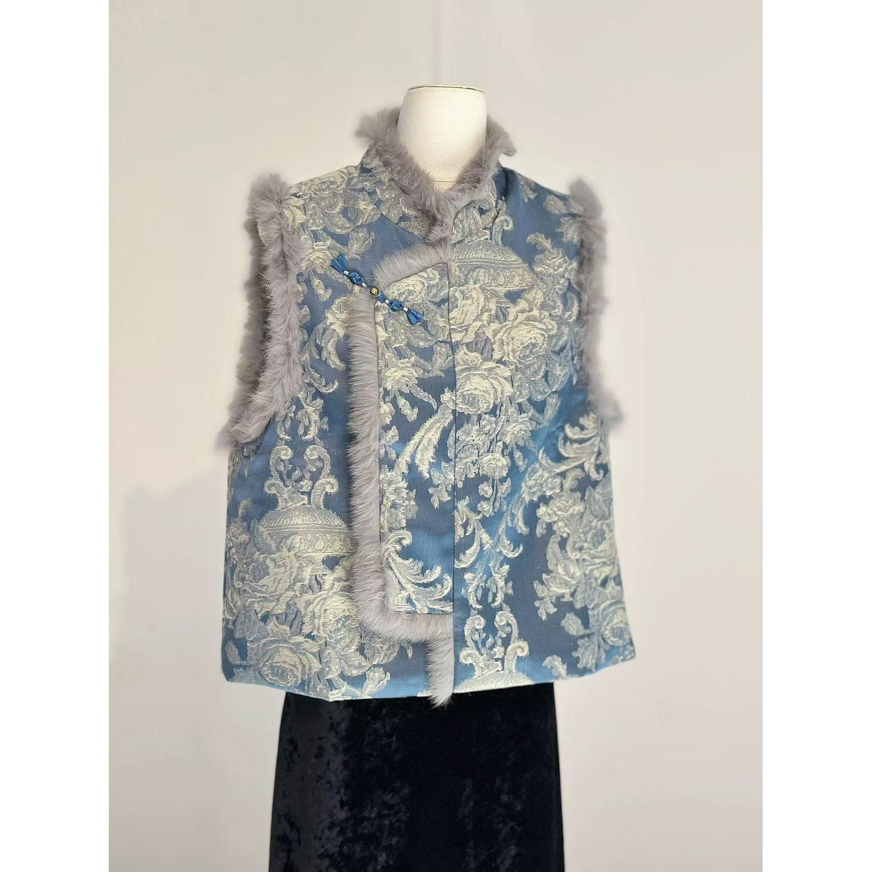 新中式宋锦提花夹棉保暖盘口气质设计感兔毛拼接马甲百搭女