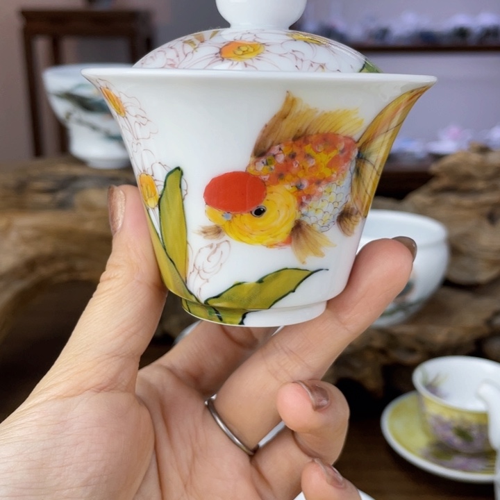 杯盖碗手绘釉下彩