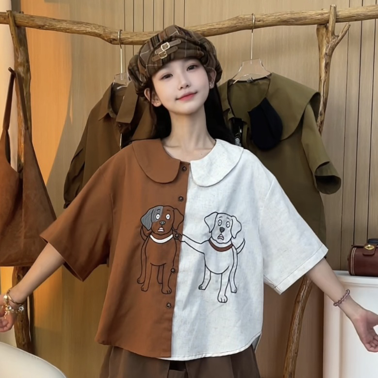 XZ “撞色修狗”原创重工刺绣娃娃领调皮风格撞色拼接夏季短袖衬衫