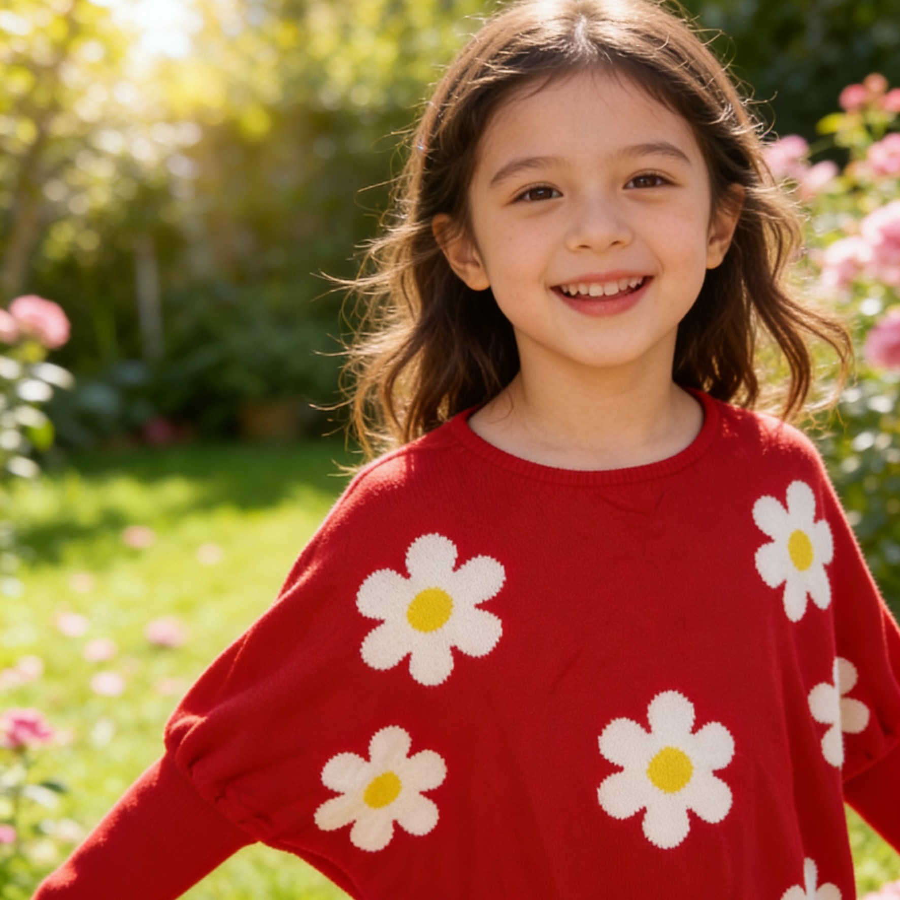 新款女童花朵毛衣春装蝙蝠衫上衣