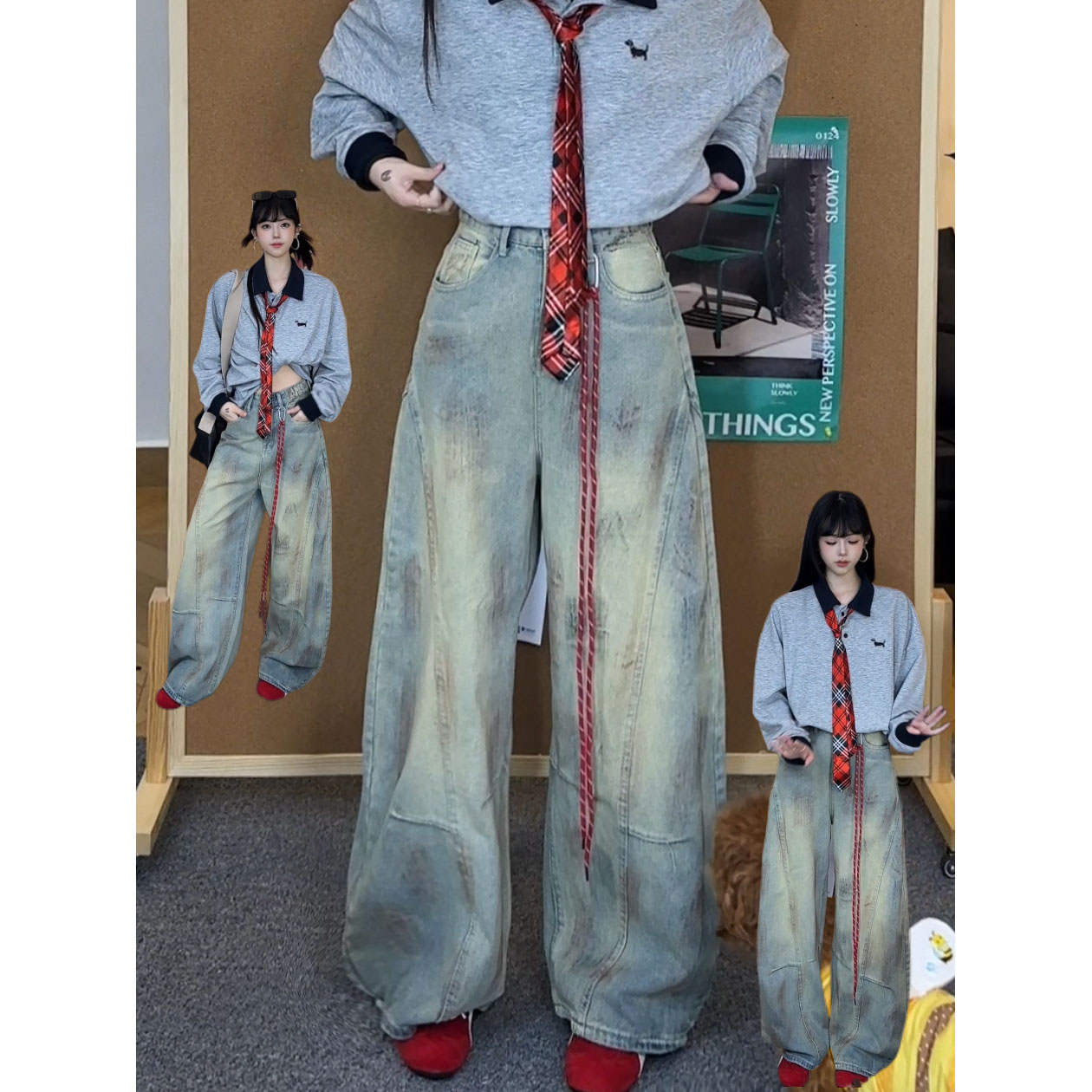 【现货】美式复古高街辣妹嘻哈弯刀脏染做旧牛仔裤宽松阔腿拖地裤男