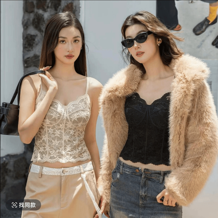 法式蕾丝纯欲风鱼骨线美背吊带背心带胸垫内搭外穿显瘦设计