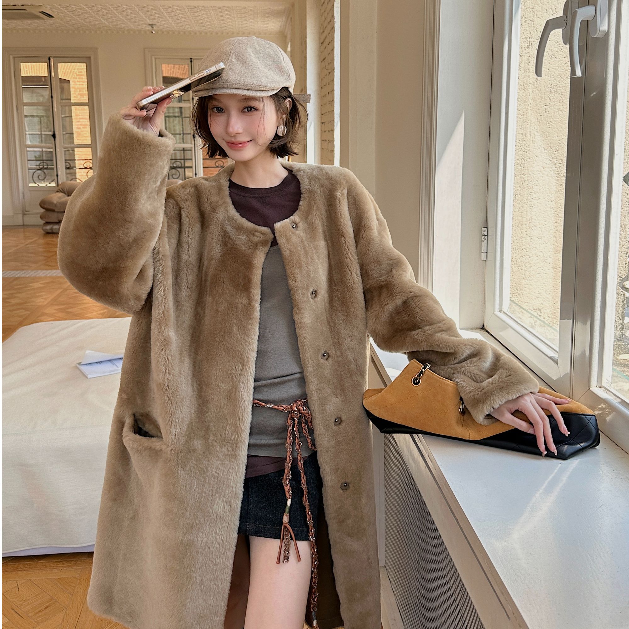 【REREK】25秋冬R25D09414239真皮皮毛一体中长款外套