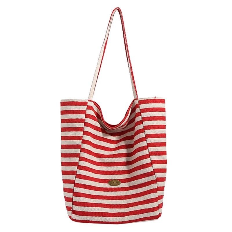 条纹环保时尚托特包字母布包腋下红色单肩包小众做旧