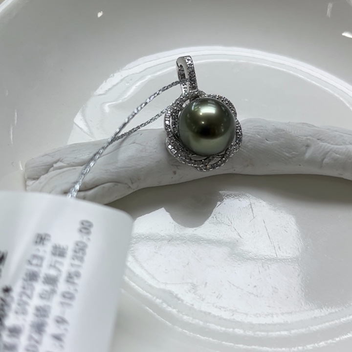 银S925镶嵌吊坠(不含链)海水珍珠9-10mm孔雀绿