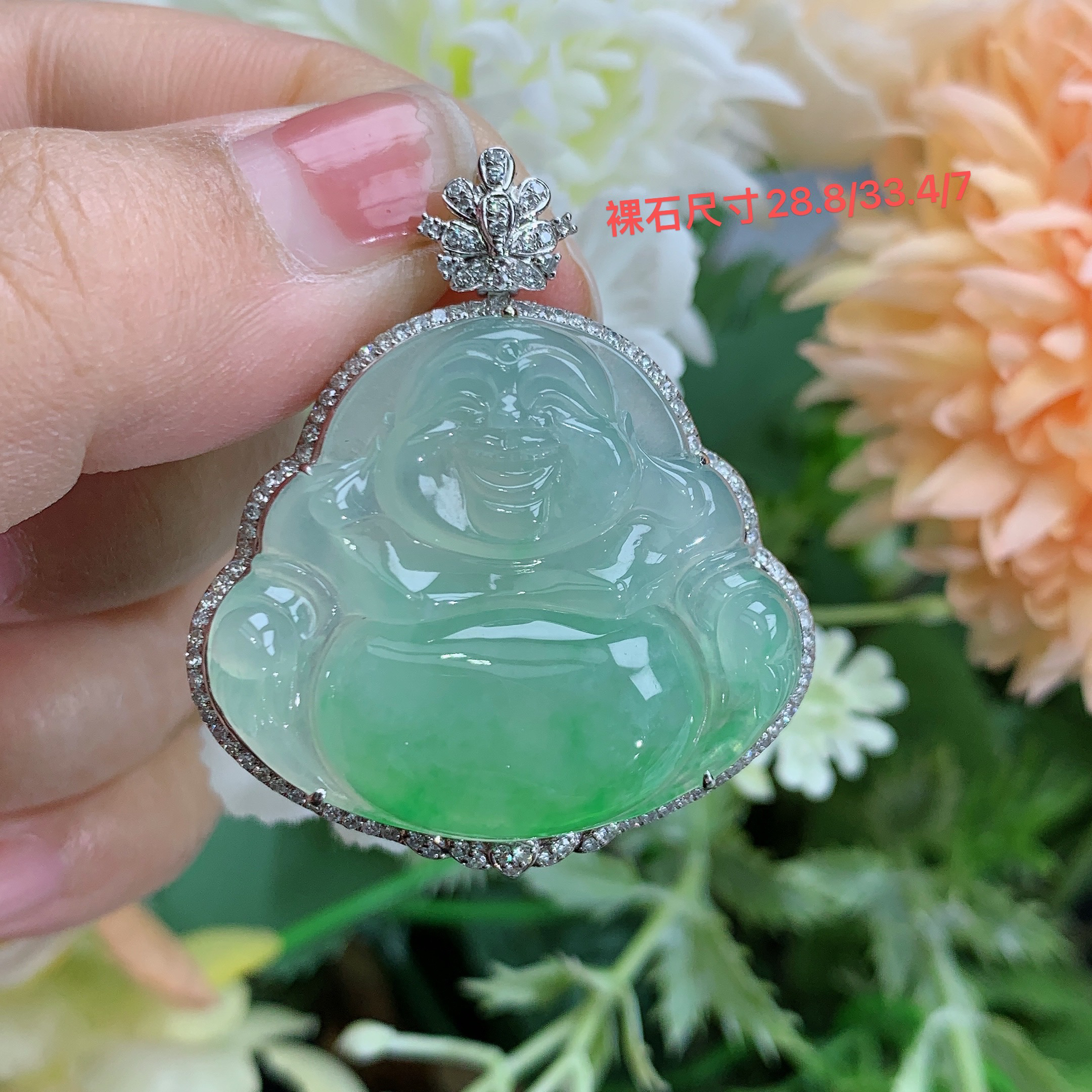 缅甸天然翡翠A货18k高冰飘阳绿佛公吊坠龙尺寸40.3/35.2/10mm