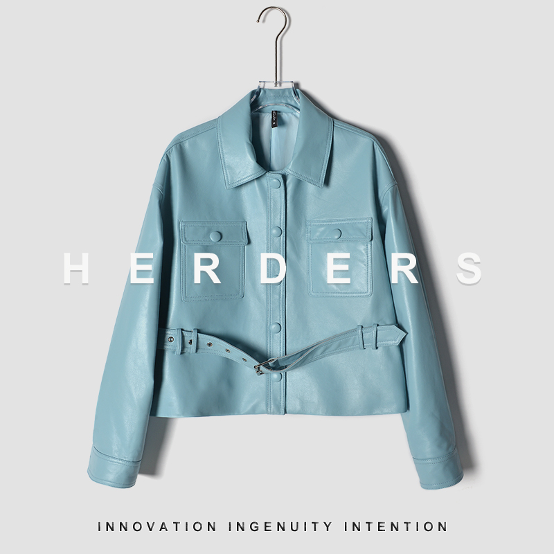 HERDERS 短款扣带多色小方领皮衣 252001