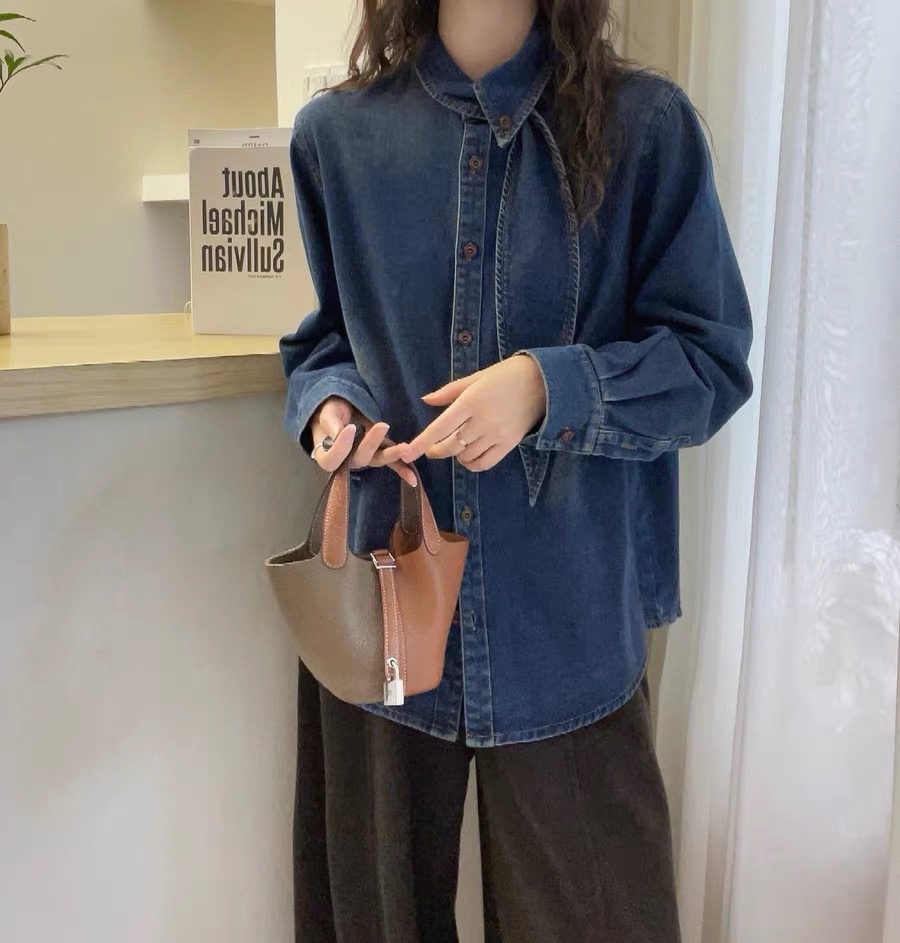 【现货磨毛牛仔】秋冬新款领口系带长袖磨毛牛仔衬衫洋气减龄上衣