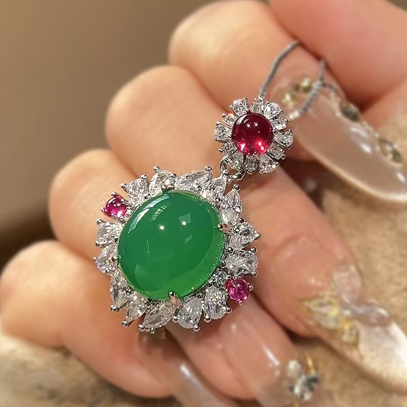 链子925银锆石 天然冰透绿玉鸽子蛋面吊坠时尚国风项链3559