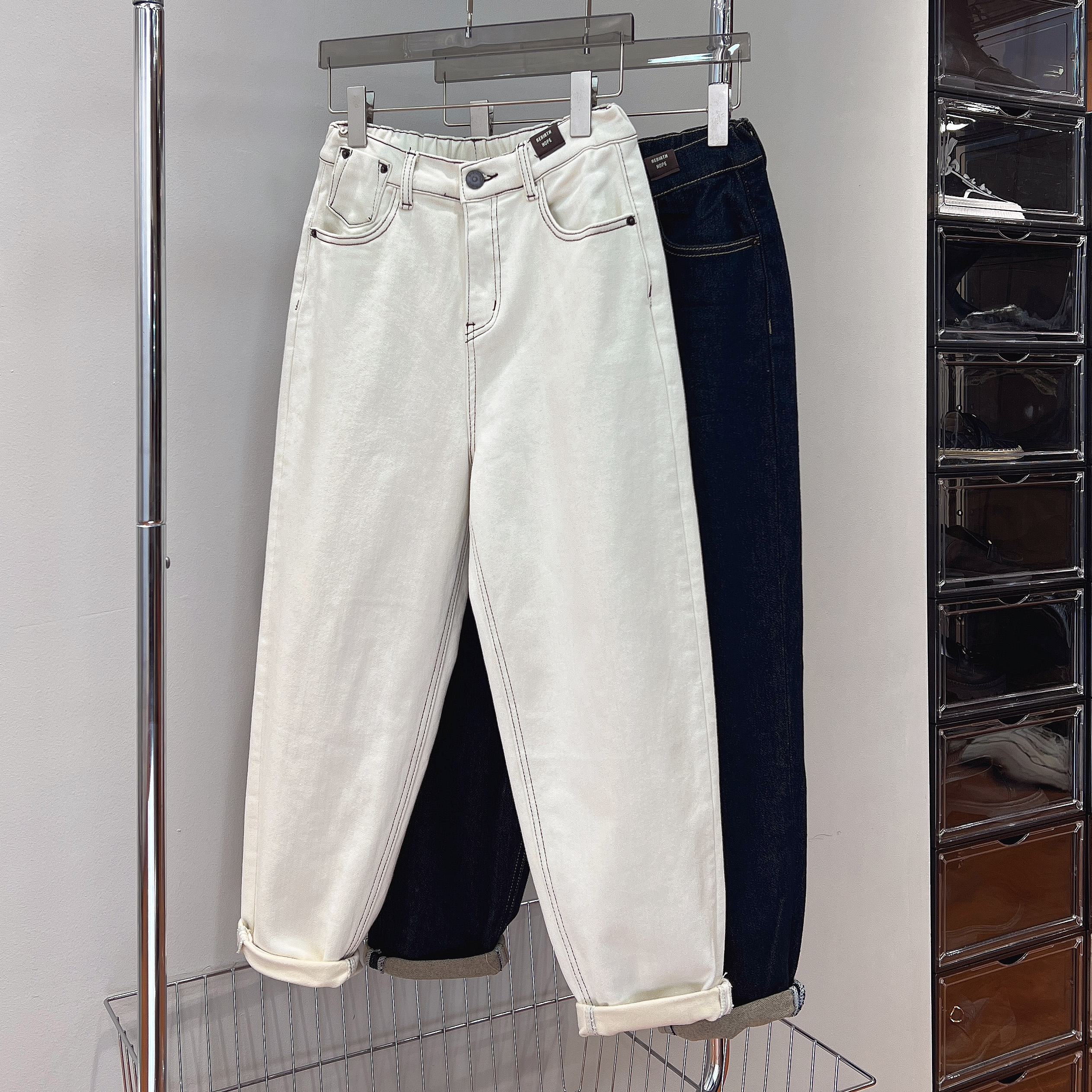 必魅-2025秋冬韩版厚植绒水洗牛仔裤九分裤2311百搭时尚松紧腰裤