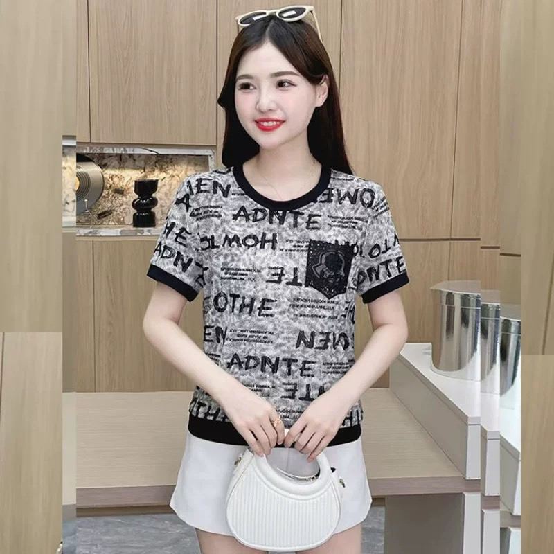 夏季短袖T袖减龄百搭女新款妈妈装圆领印花 前贴袋宽松小衫洋气