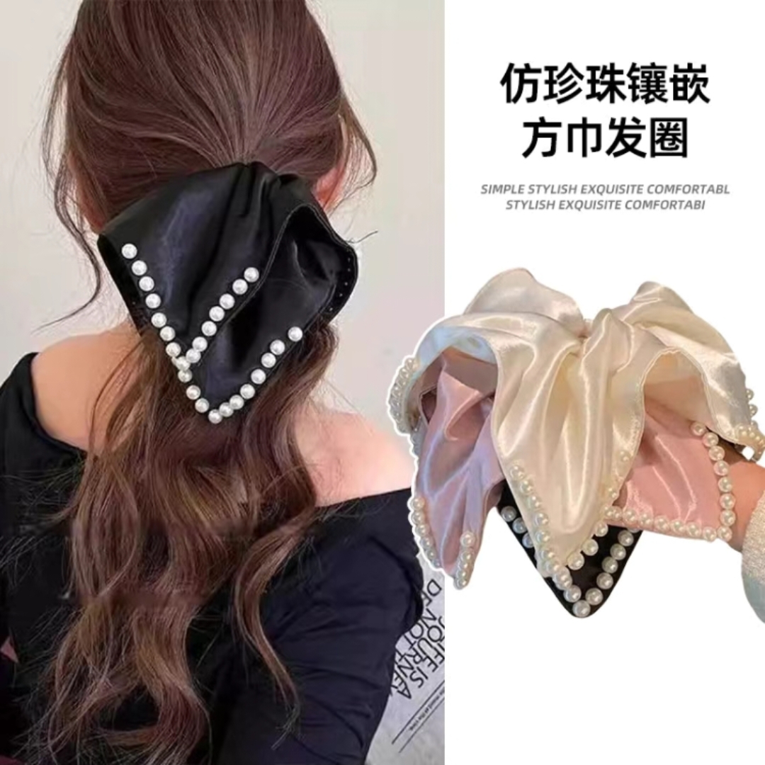 法式流光缎面珍珠方巾大肠发圈女高级感方形扎头绝美头饰L308