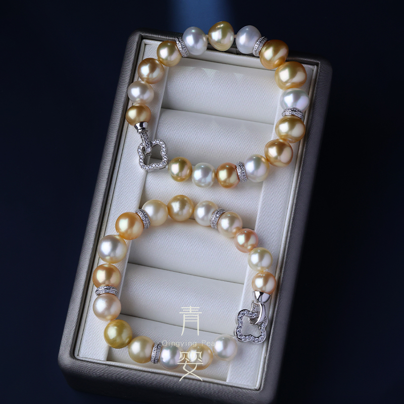 海水混彩珍珠手链9-11mmS925银镶嵌幸运澳白金珍珠手串多样性发一