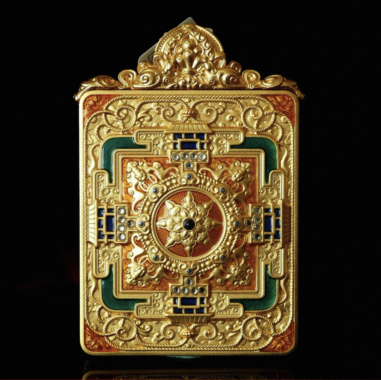 纯铜坛城吐宝鼠直角高透单面唐卡壳精美设计收藏佳品嘎乌盒