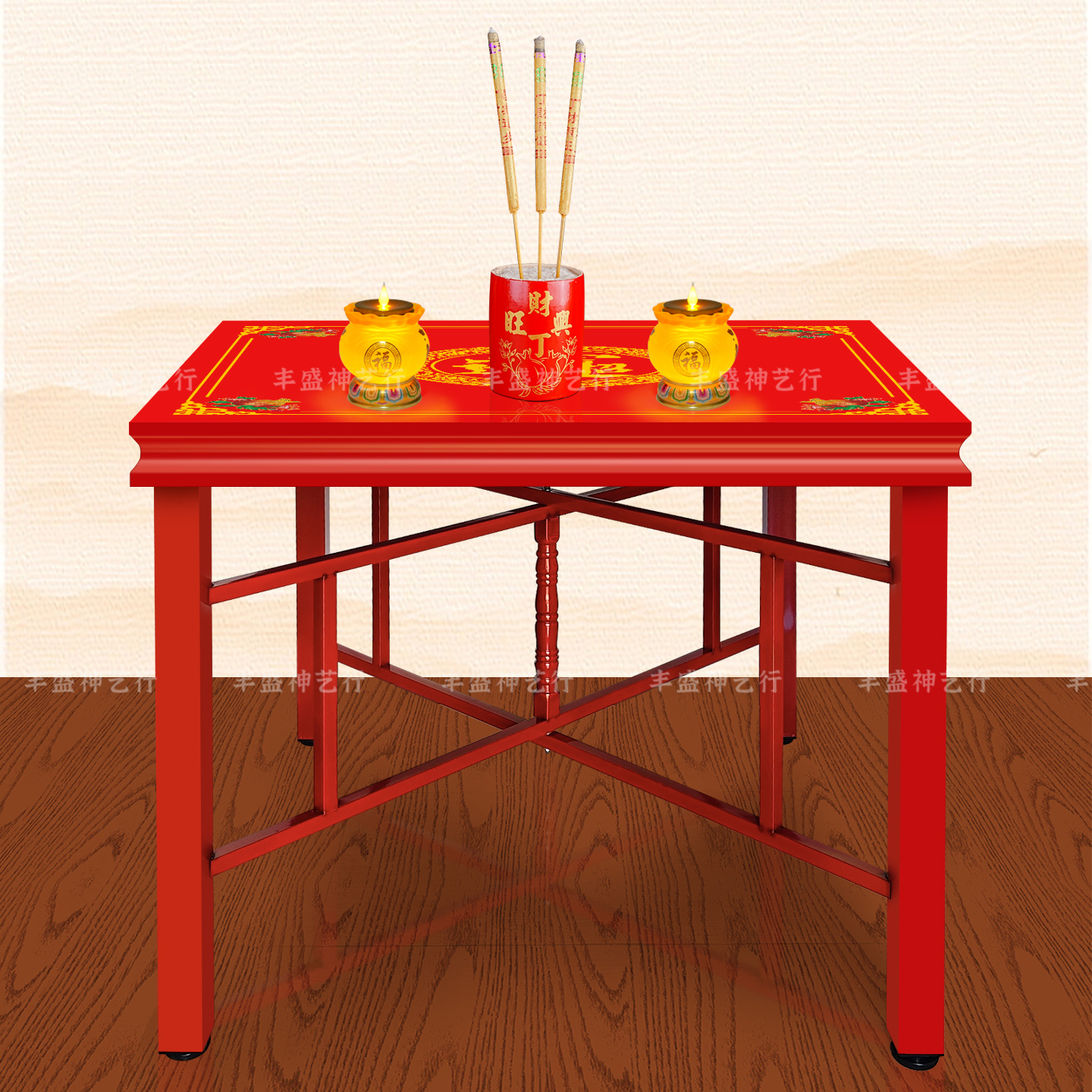 潮汕福建喜庆红色八仙桌家用不锈钢祠堂过年拜神喜事桌椅多图案