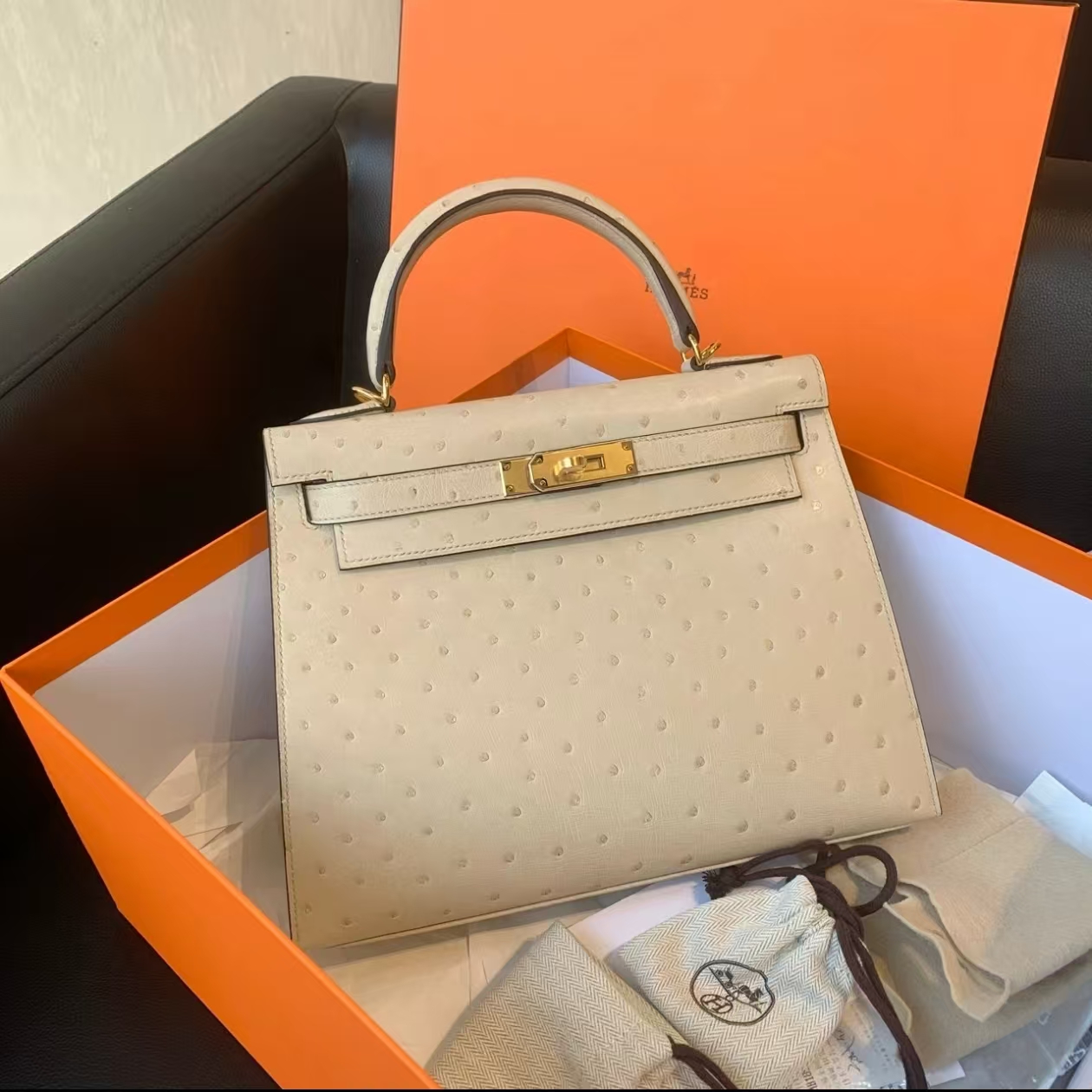 99新 Hermes/爱马仕 蔚蓝/羊毛白金扣 鸵鸟皮 Kelly 25 X刻 