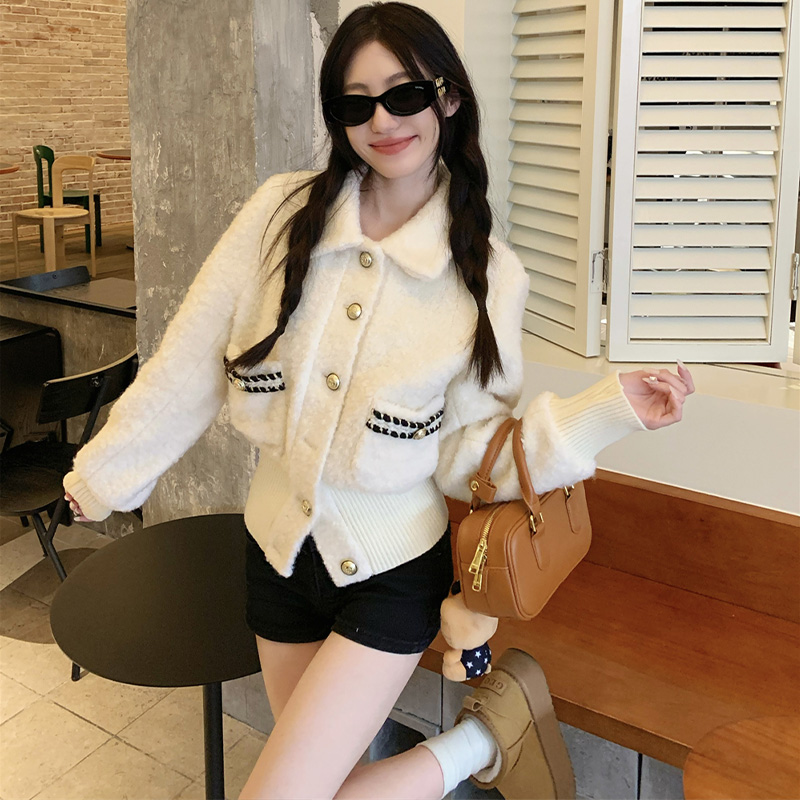 气质厚款上衣韩版针织宽松短外套短款加厚法式女女装