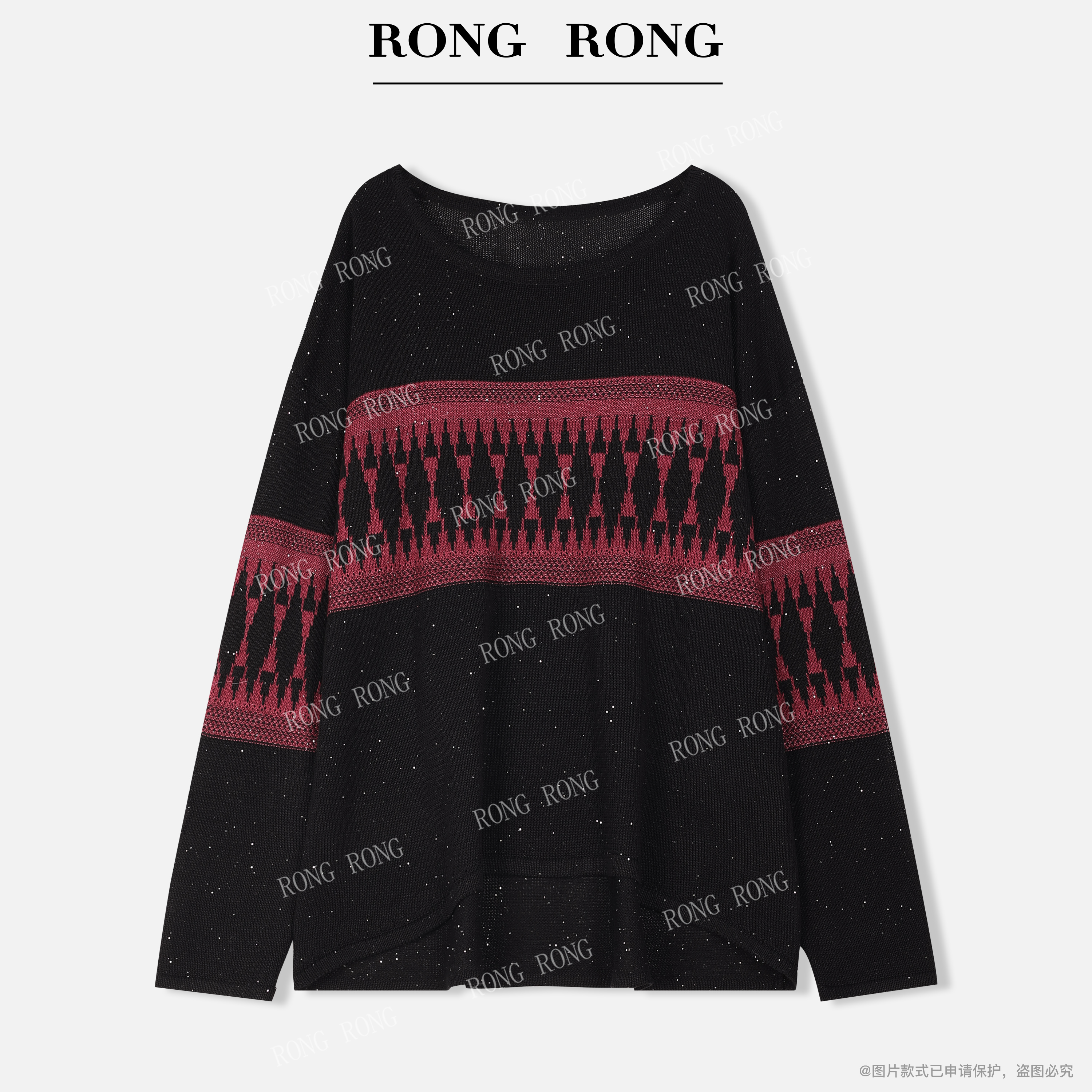 溶溶J【晚空星雾】RONGRONG一字船领珠片纱几何松弛针织衫ZGQ6S2357
