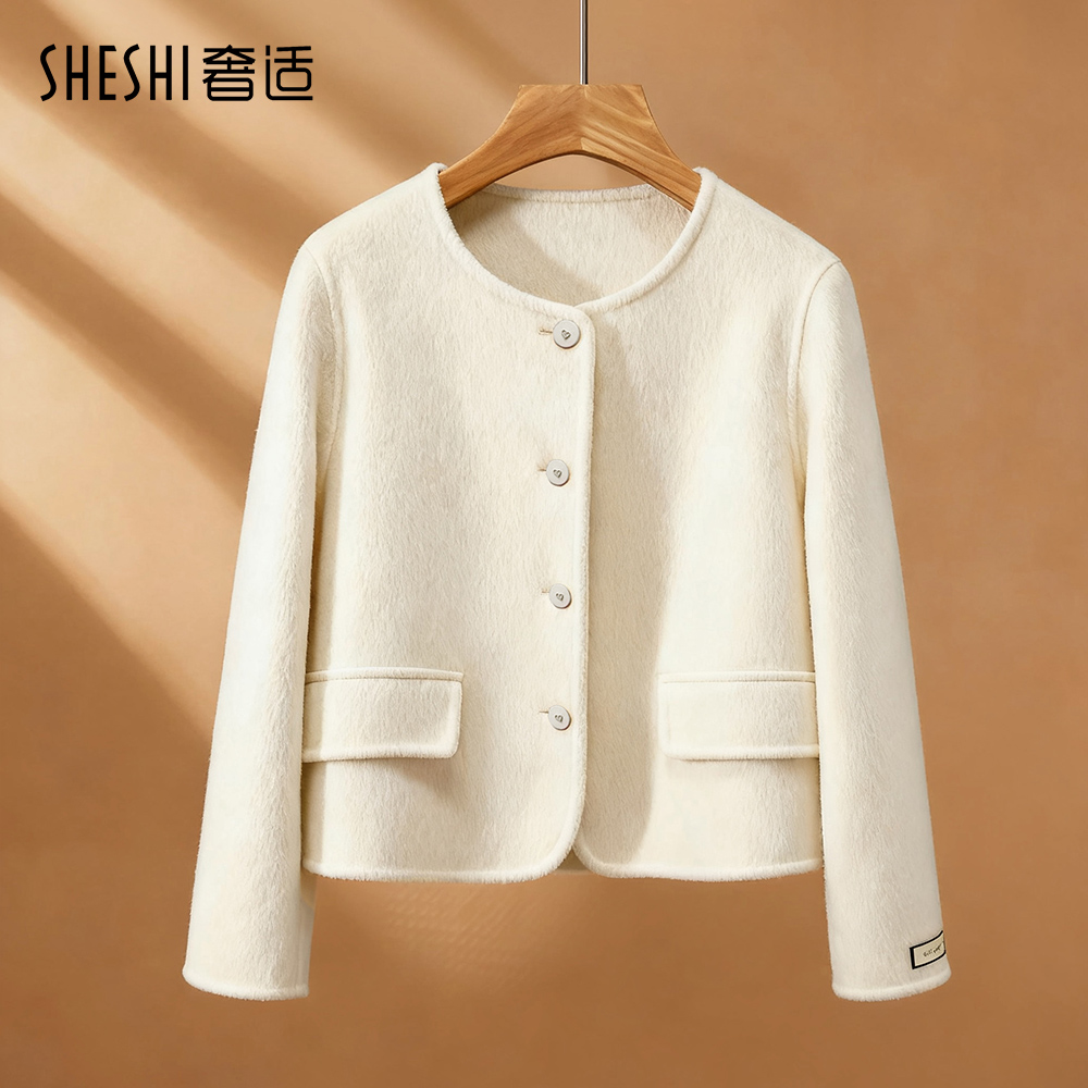 2025秋冬新款天丝绒羊毛短款小香风双面呢兔毛大衣