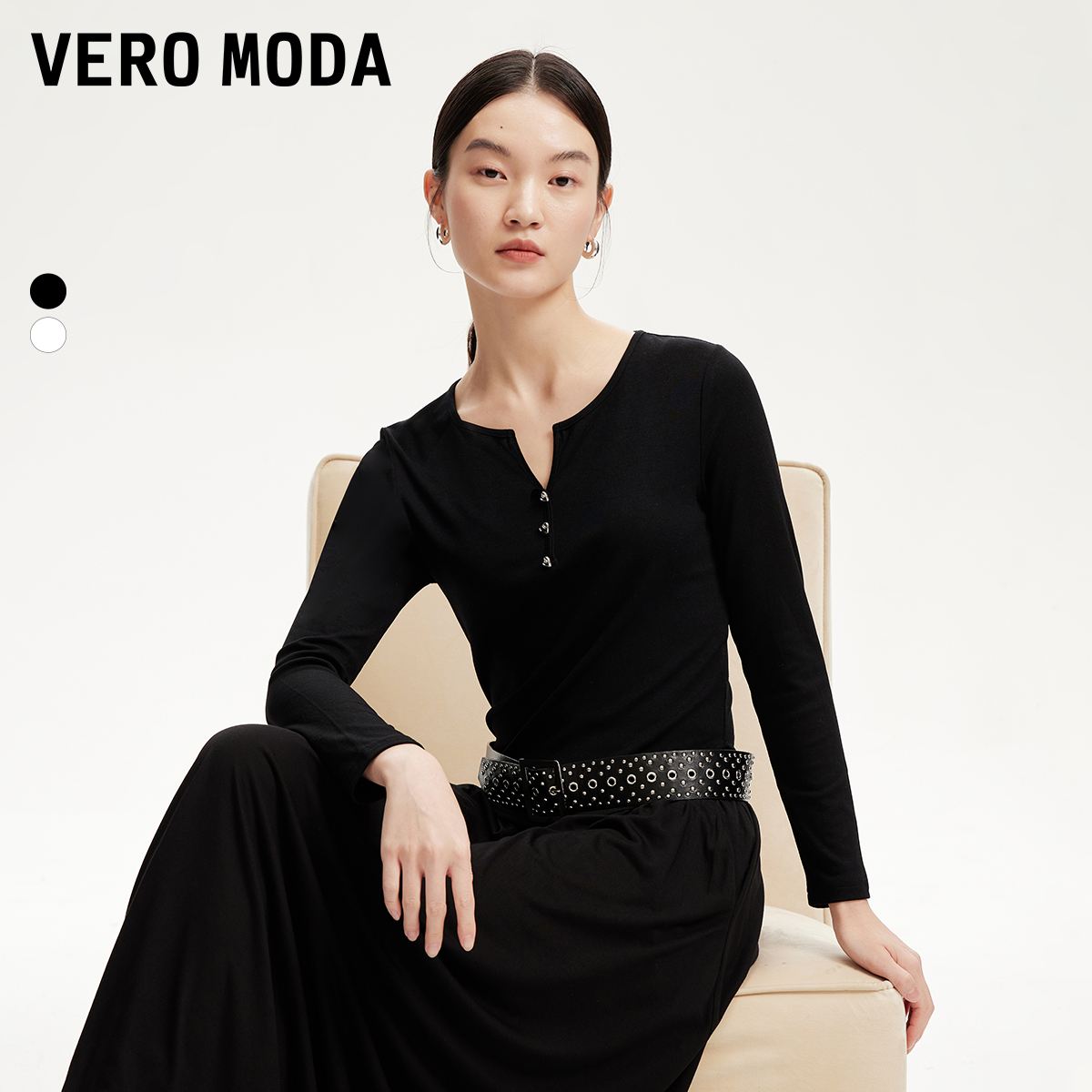 Vero ModaT恤女2025新心形纽扣休闲V领长袖修身上衣老钱风松弛感