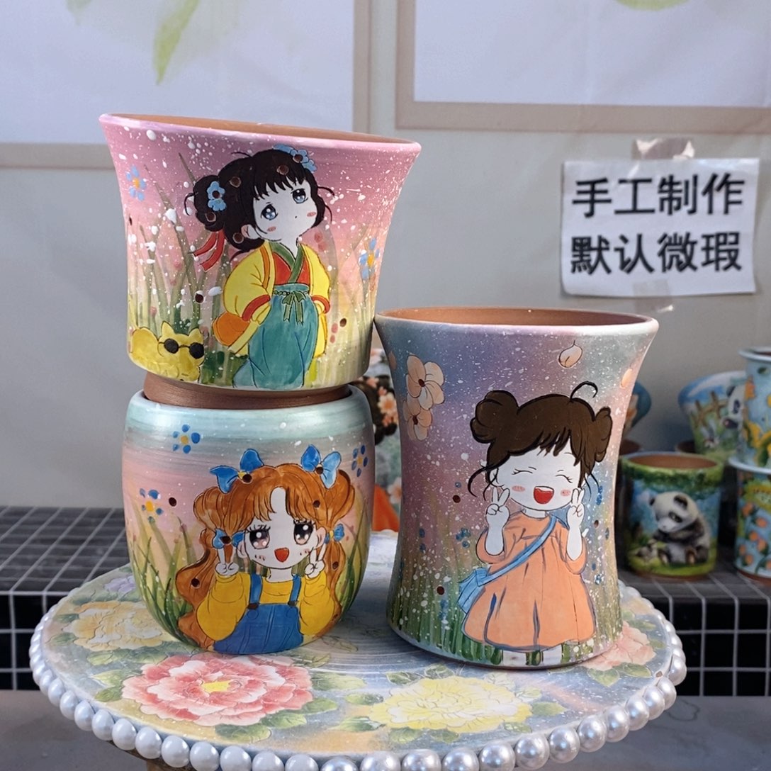 紫砂花盆雪*红陶手绘花盆