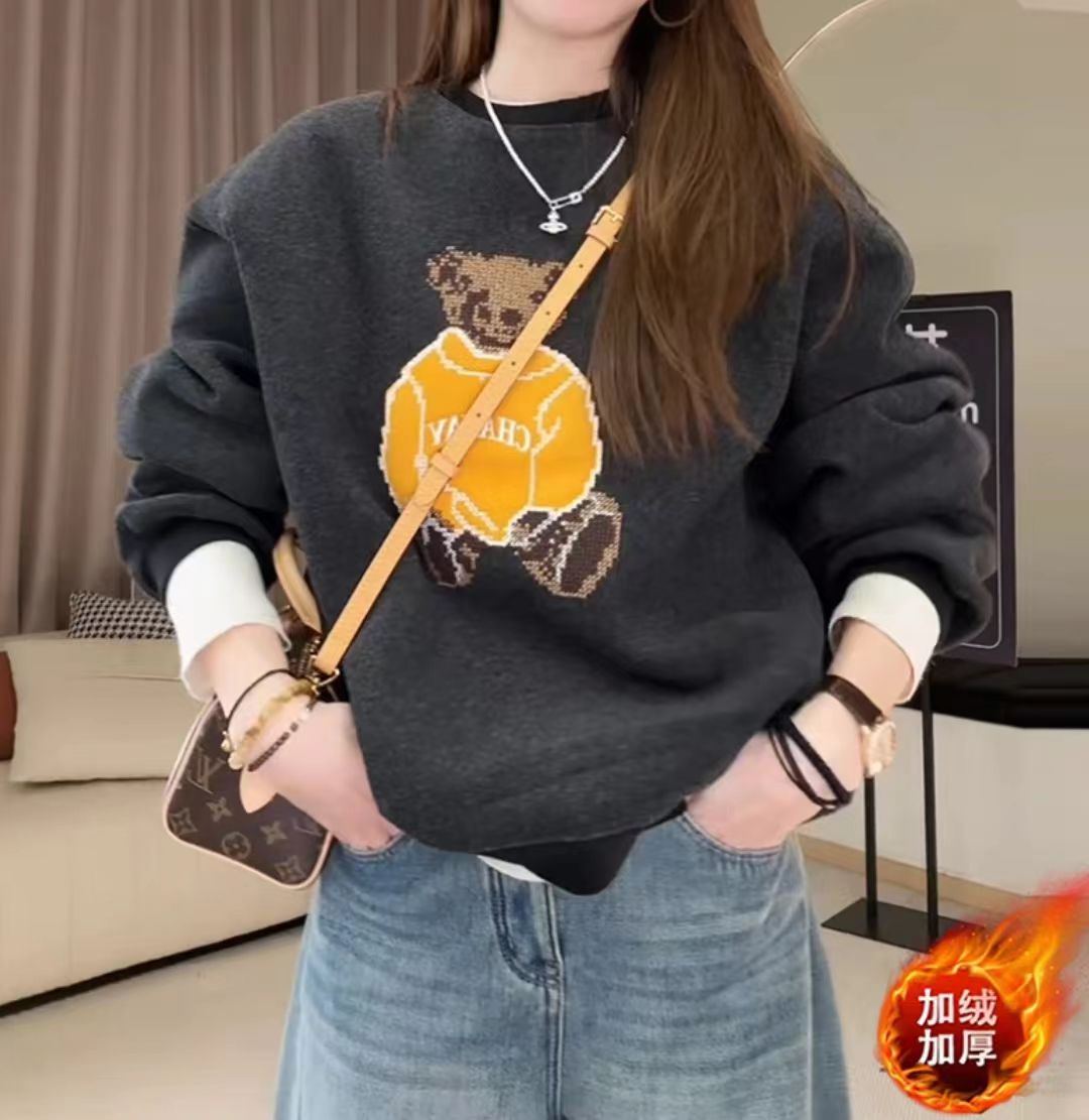 韩版卡通小熊圆领卫衣女2025冬季新款加绒加厚宽松显瘦减龄上衣潮