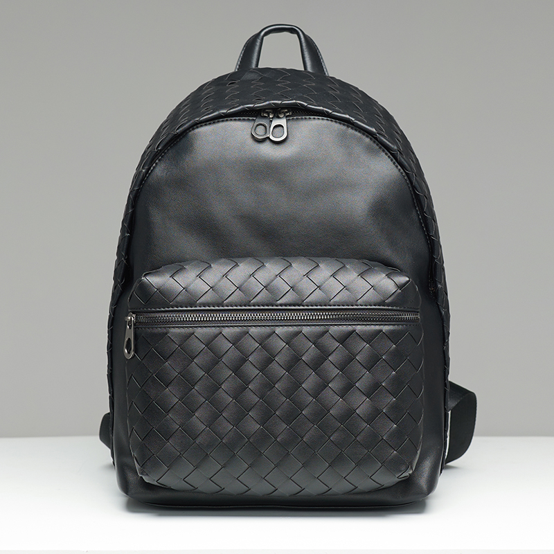 x&bv双肩包男真皮休闲男士背包学生书包大容量编织男包商务旅行包