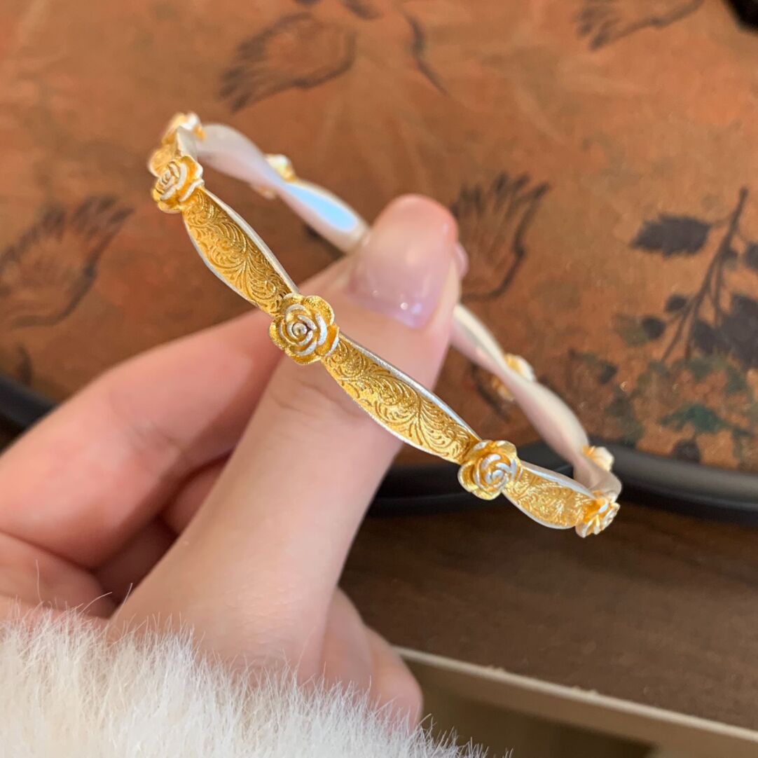 足银手镯 描金卷草纹玫瑰开口手镯足银情人节礼物送女友