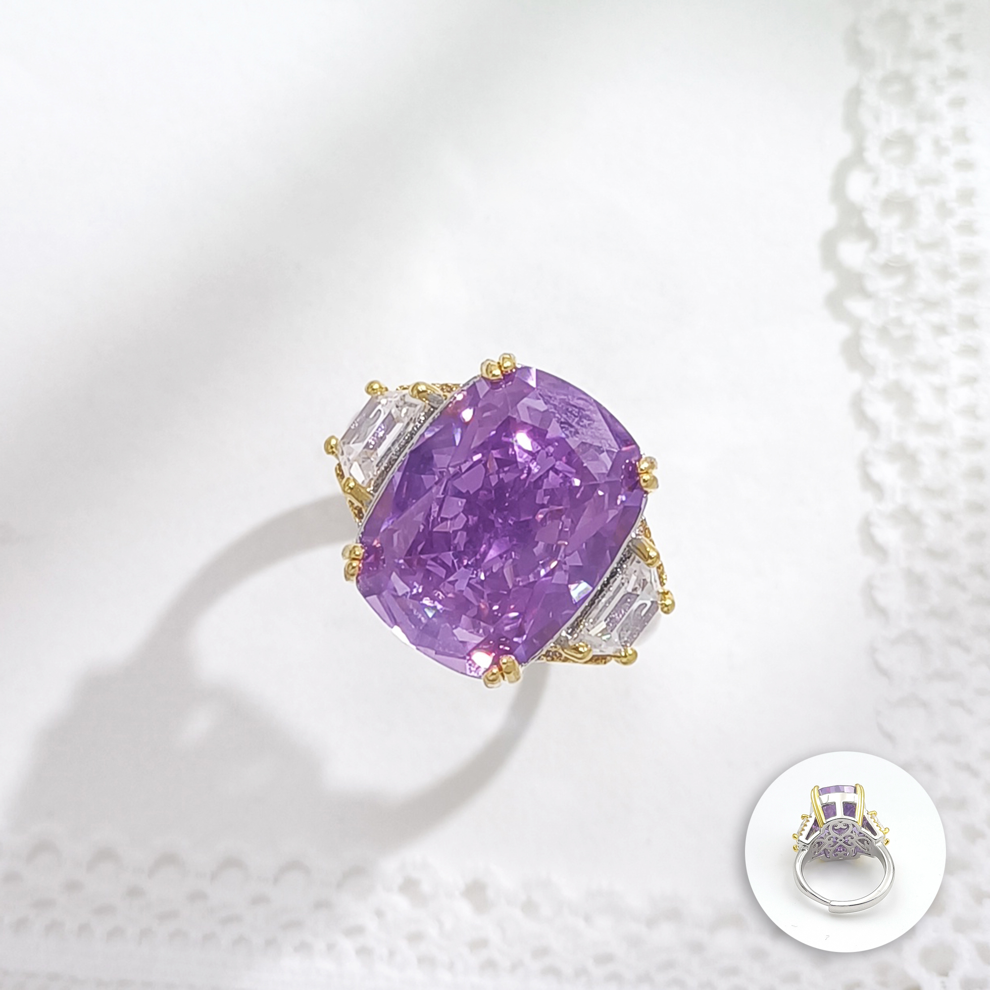 铜合金合成锆石戒指 WGTL-005910【晨曦紫雾】戒指简约冰花切高级感