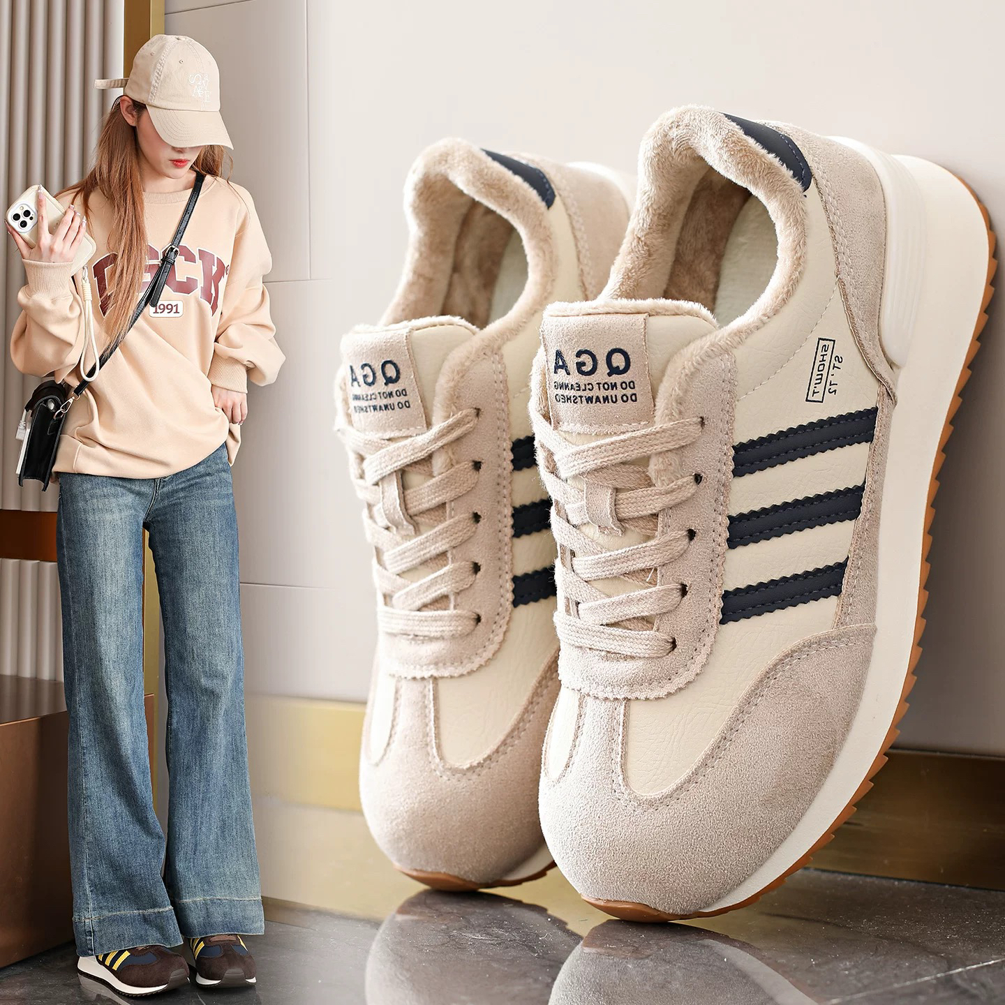 【SiSi】新疆包邮加绒厚底运动2025年冬季新款百搭德训休闲鞋