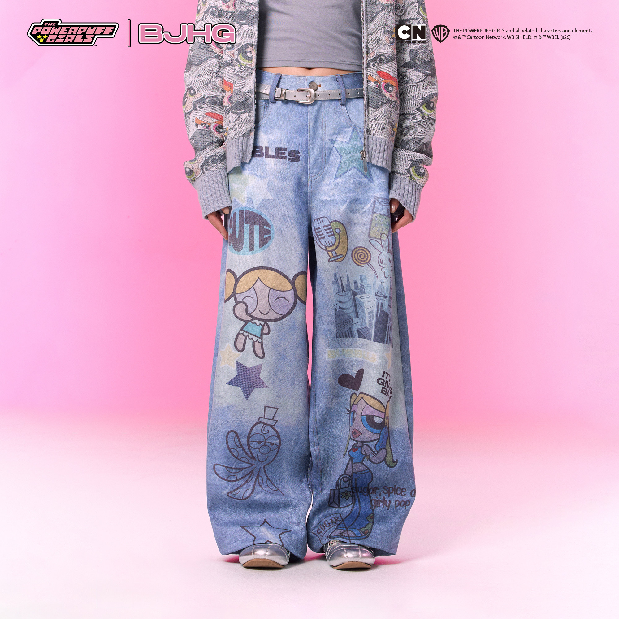 飞天小女警联名BJHG不计后果美式涂鸦牛仔裤女款秋季高腰阔腿裤子